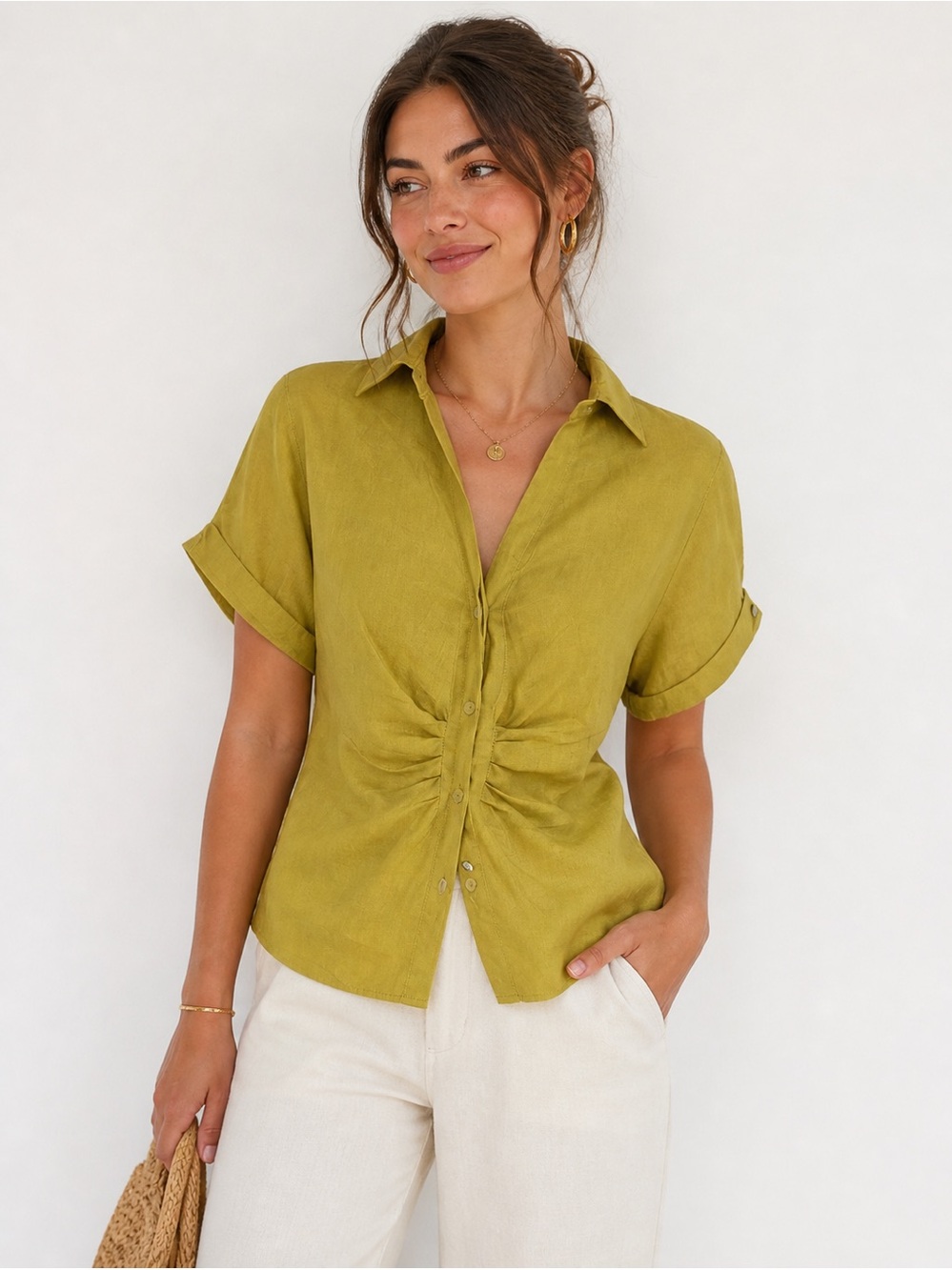 Yellow Chartreuse Ruched Front Short-Sleeve Button-Down Shirt